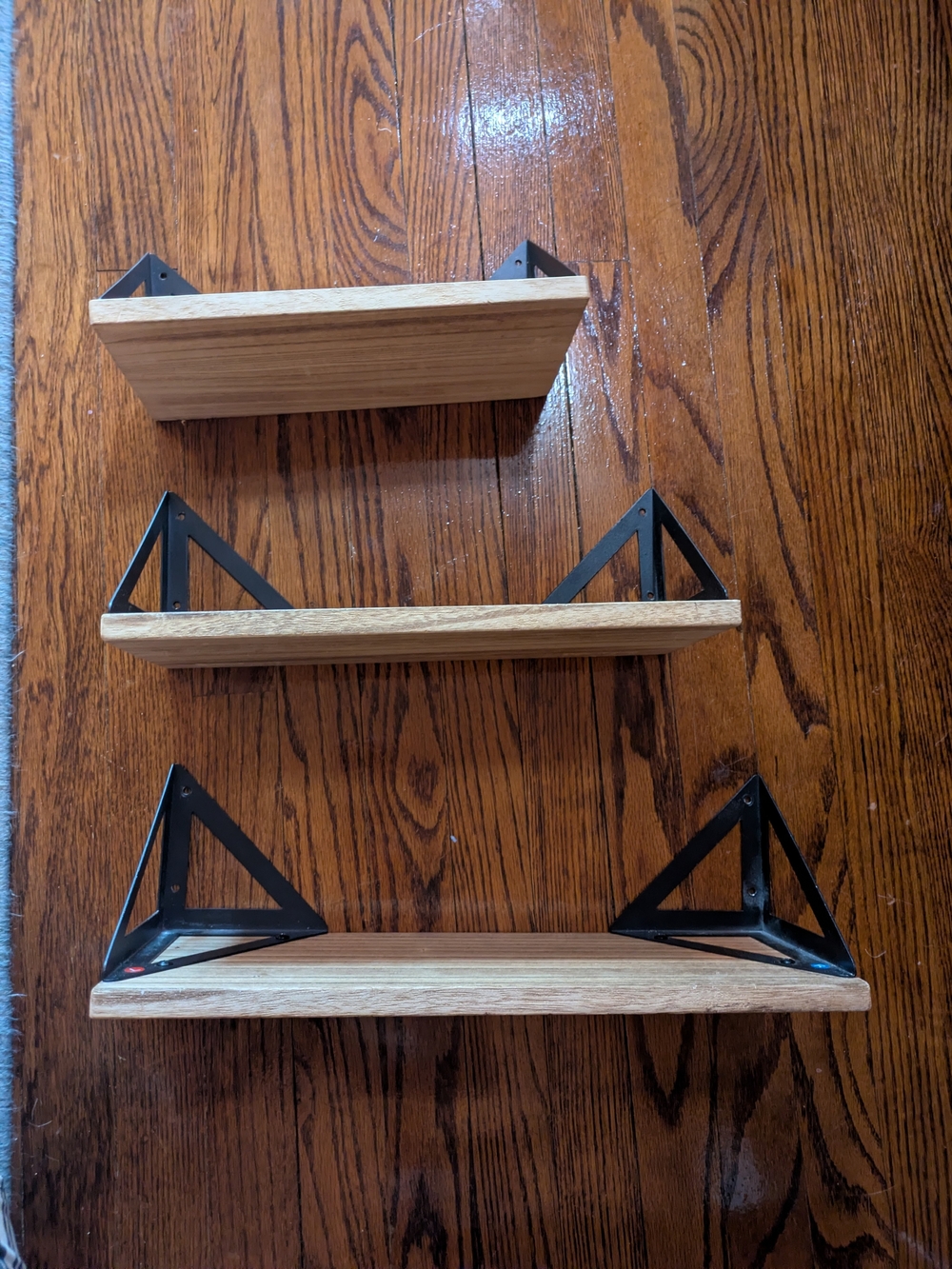 Wood and Black Metal Triangle Bracket Wall Shelves - Set of 3